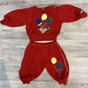 Vintage 80s 90s Girls Red Sweatsuit Set Joggles Girl‎ Bear Balloons Party 12 Mos